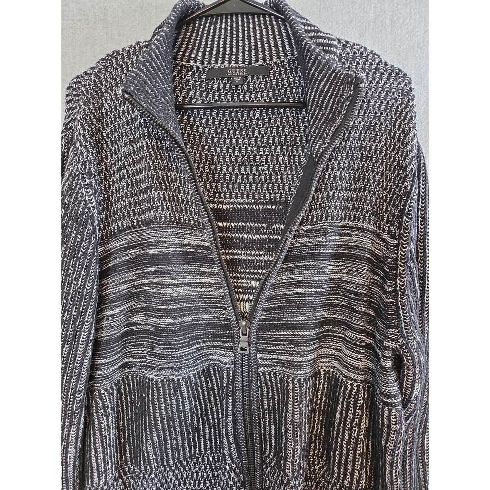 Guess Cardigan Sweater Mens XL Gray Black Marled Ribbed Knit Dad Grandpa Preppy
